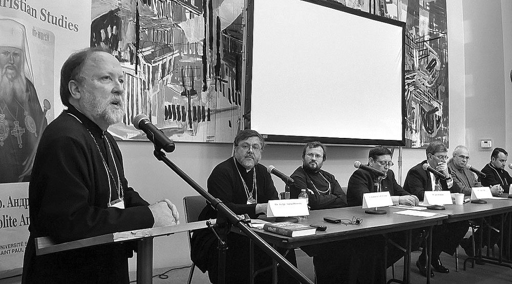 Participants in the conference, “Religion in the Ukrainian Public Square” (from left): the Rev. Prof. Peter Galadza, organizer and moderator; the Rev. Prof. Andriy Chirovsky, Sheptytsky Institute; the Rev. Dr. Cyril Hovorun, Yale University; Dr. Igor Shchupak, director of the Tkuma Ukrainian Institute for Holocaust Studies in Dnipropetrovsk; George Weigel; Prof. Victor Ostapchuk, University of Toronto; the Rev. Dr. Roman Zaviyskyy, Ukrainian Catholic University. 
