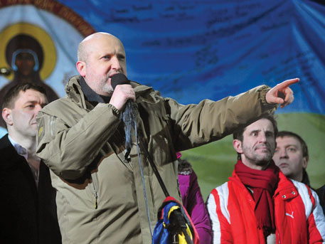 Verkhovna Rada Chair Oleksander Turchynov, also the acting president of Ukraine, addresses the Maidan on February 26. That night the nominations of members of the interim government were announced.