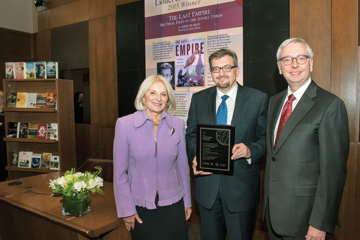 At the Lionel Gelber Prize awards ceremony (from left) are: Patricia Rubin, chair of the prize board; author Serhii Plokhy; and Stephen J. Toope, director of the Munk School of Global Affairs.