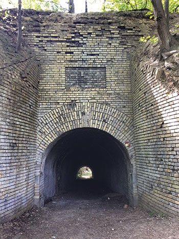 One of many tunnels, this one made of brick, that can be found on Lysa Hora, or Bald Hill in Kyiv. 