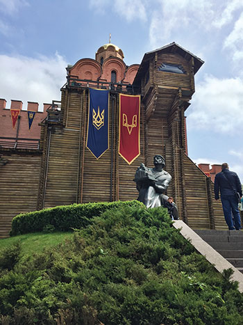 A western view of Kyiv’s historic Golden Gate that was the main entrance to the city. A sculpture of Prince Yaroslav the Wise, who ruled Kyivan Rus’ in the beginning of the 11th century, stands here.