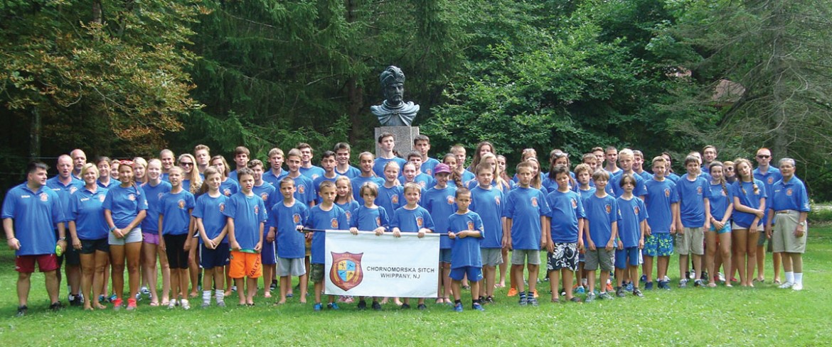 2014 Chornomorska Sitch Sports School campers and staff from the first week’s session in front of the monument to Hetman Ivan Mazepa at Soyuzivka.