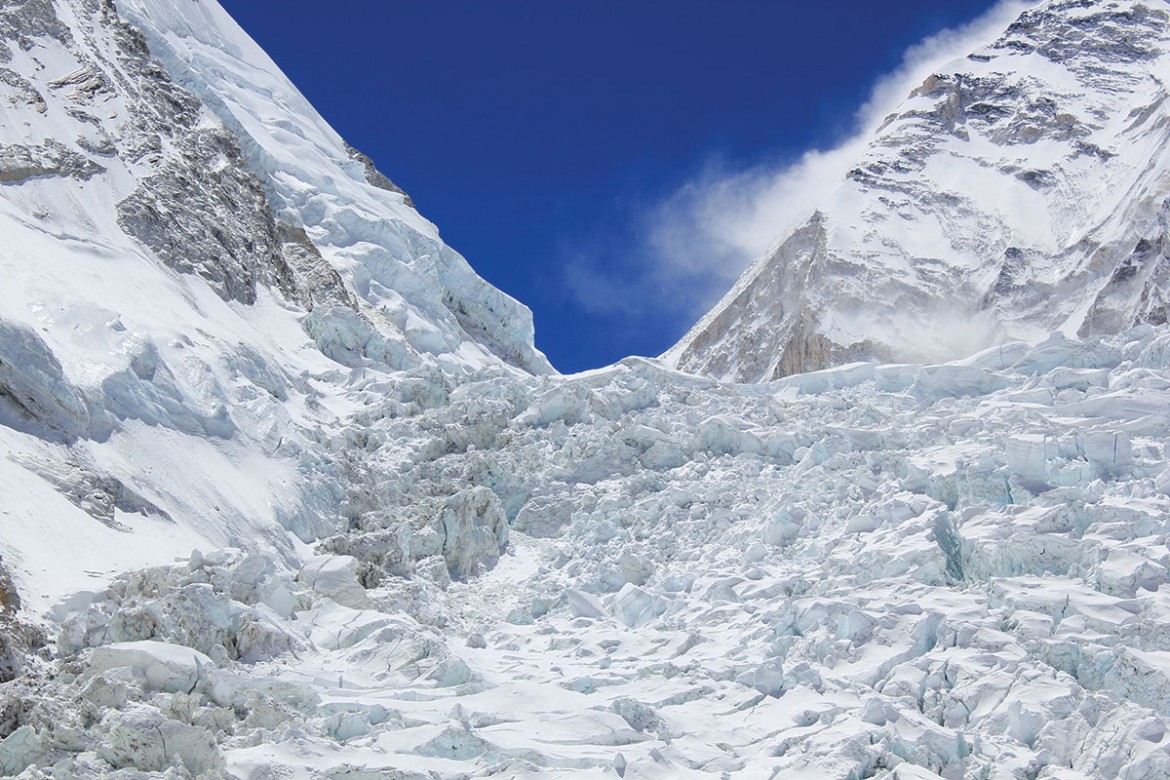 The Khumbu Icefall, site of the April 2014 avalanche tragedy and gateway to the upper reaches of Mount Everest.
