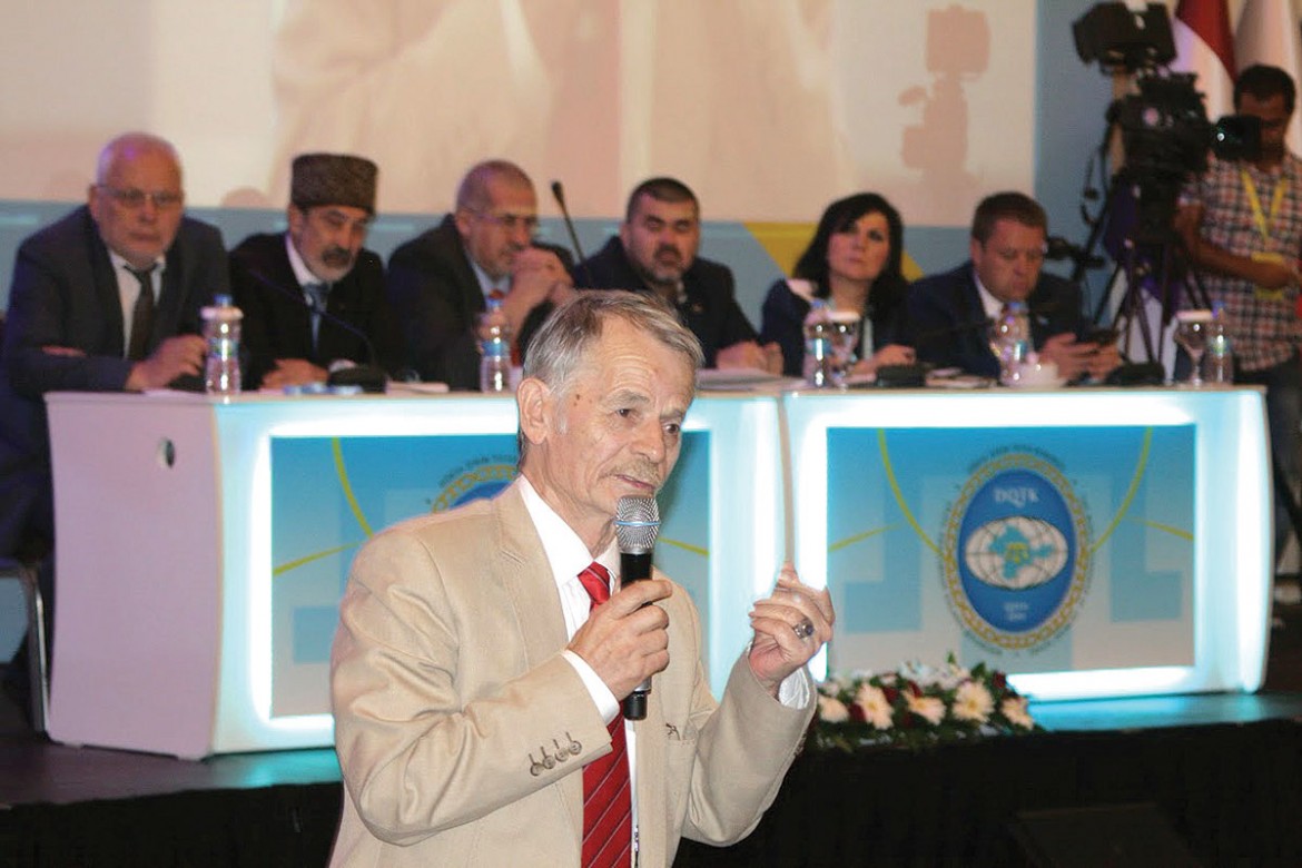 Veteran leader of the Crimean Tatars Mustafa Dzhemilev speaks during a congress session.