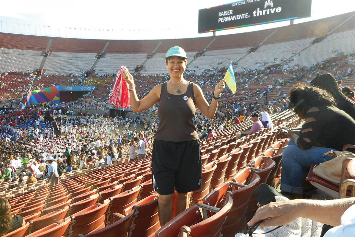 Born in Lviv, Los Angeles resident Solomiya Pyatkovska is ready to cheer the Special Olympics Ukraine delegation at the 2015 World Games Closing Ceremonies at the Los Angeles Coliseum.