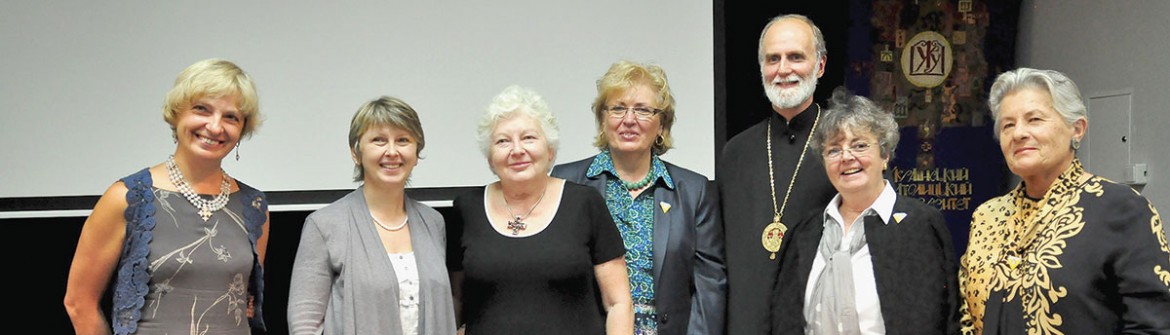 At UCU (from left) are: Olena Dzerdzora, Oksana Kis, Martha Bohachevsky Chomiak, Marianna Zajac, Bishop Borys Gudziak, Sofia Hewryk and Oksana Farion.