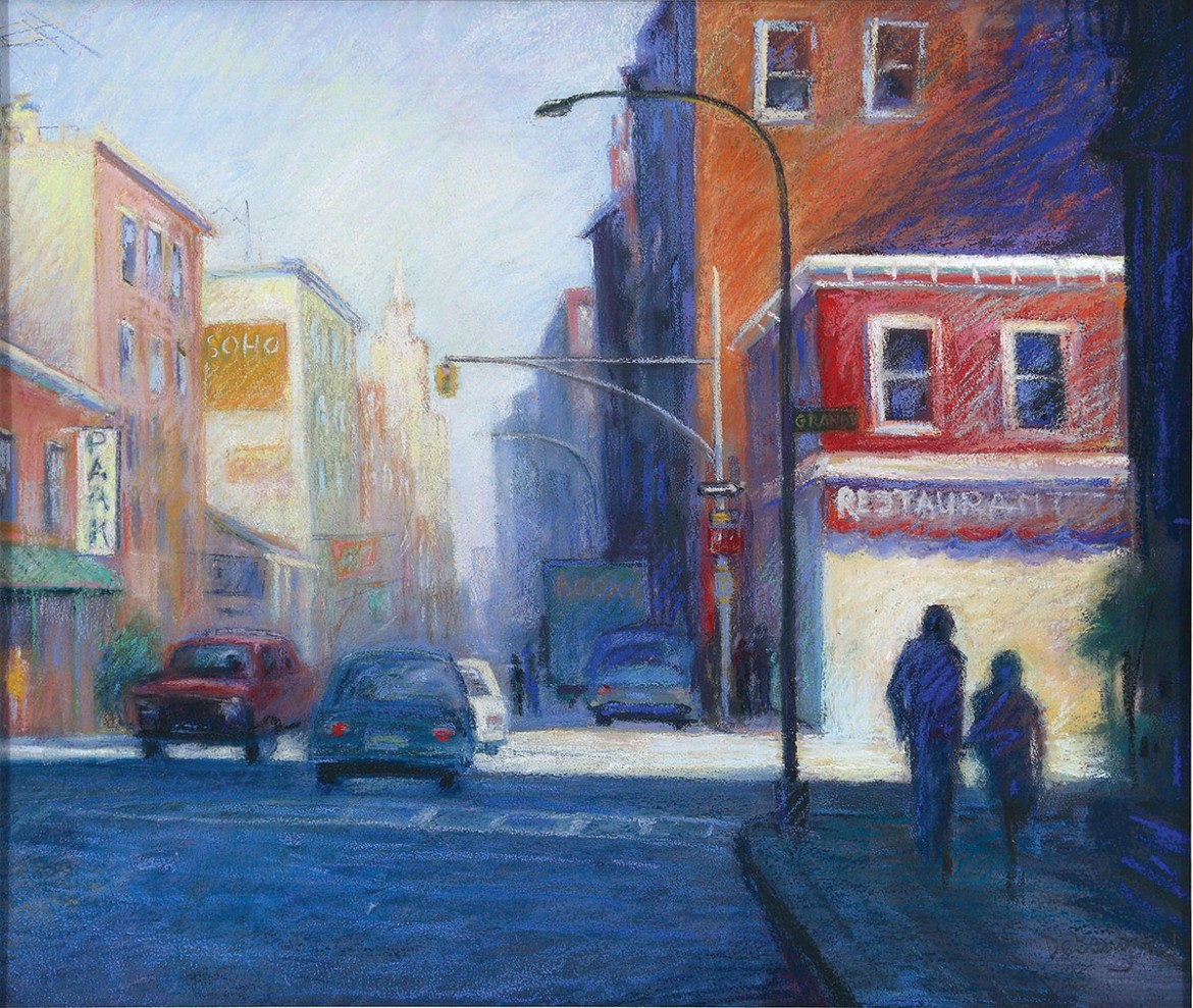 Christina (Holowchak) Debarry’s “SoHo” (2001, dry pastels on textured watercolor paper).