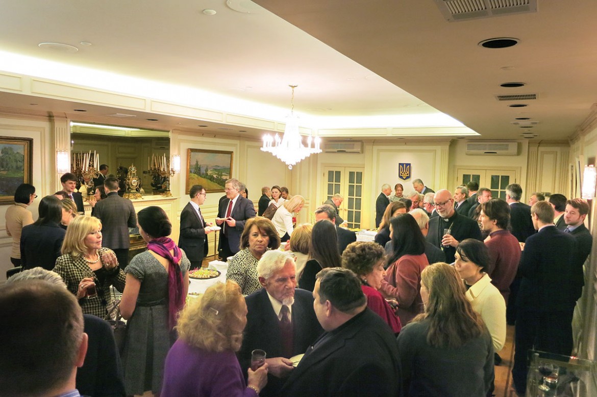 Ukrainian American community leaders discuss efforts to aid Ukraine during the reception with Ambassador Volodymyr Yelchenko and his wife, Iryna.