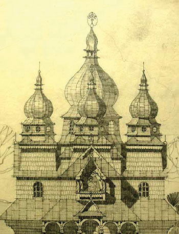 Church of St. Michael the Archangel, Pobuk, Skoliv region. Designed in 1927, built in 1927-1928. Torn down in the early 1960s.