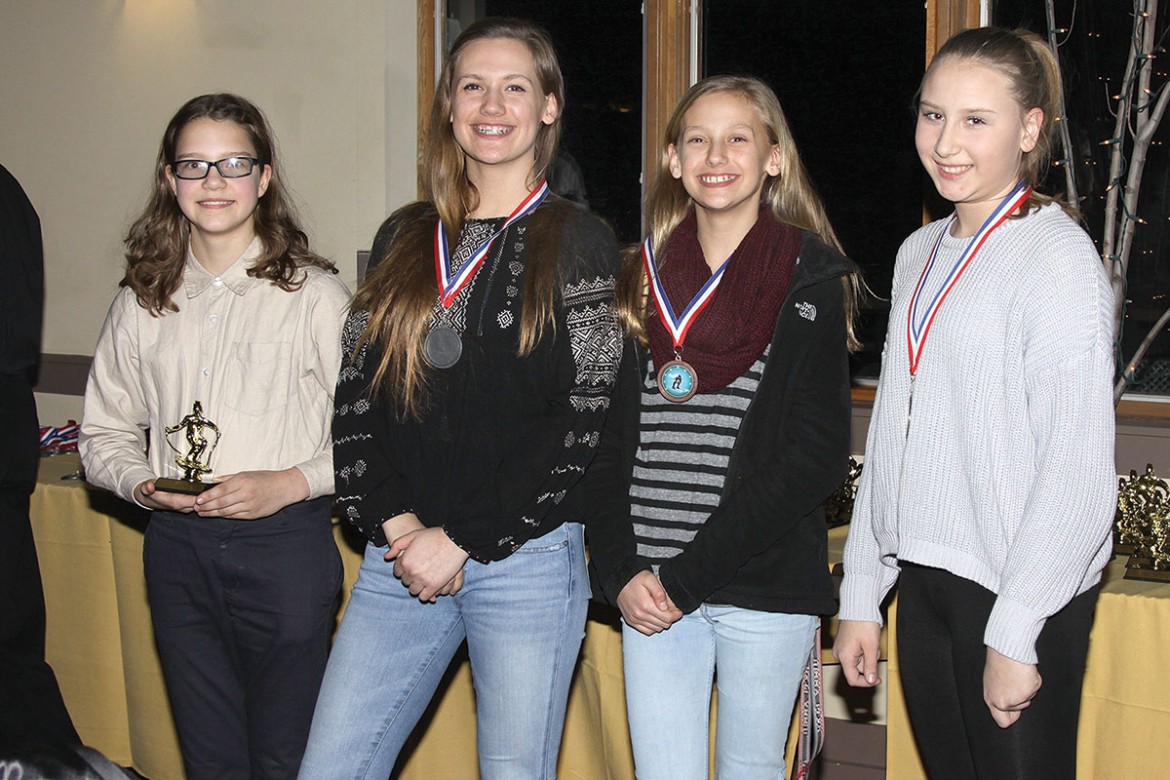 Skiers in the girls age 12-14 group: champion Christina Silver (left) with Mia Chuma, Natalia Kuzmiak and Maryna Chuma.