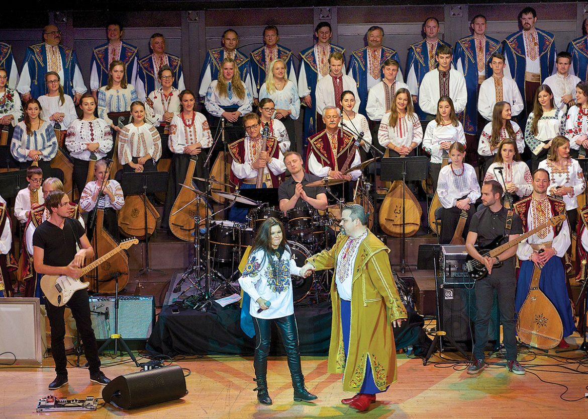 Kobzarska Sich 2015 participants on stage with Ruslana and the Ukrainian Bandurist Chorus on Saturday, October 24, 2015, in Toronto at Massey Hall.