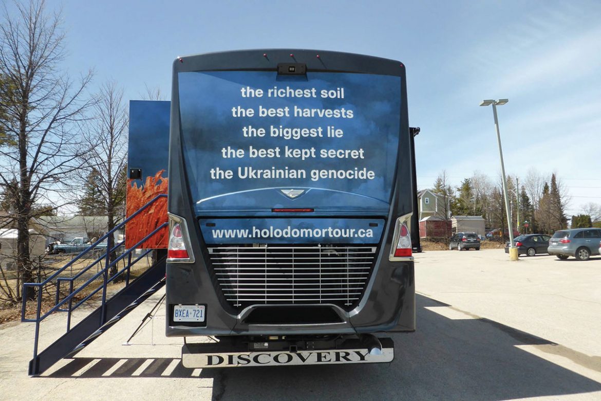 The Holodomor Mobile Classroom’s message on the back of the specially equipped vehicle.