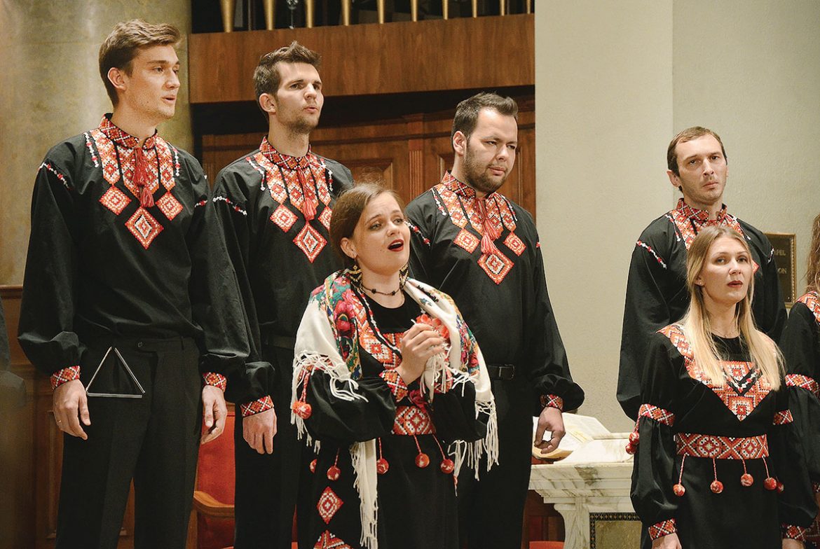 Having switched from their formal wear to a modernistic Ukrainian embroidered attire for the second half of the concert, the Ukrainian Chamber Choir sings Ukrainian folk music.