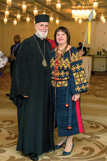 Bishop Borys Gudziak, president of the Ukrainian Catholic University, and Natalie Jaresko, former minister of finance of Ukraine, at the Chicago event.