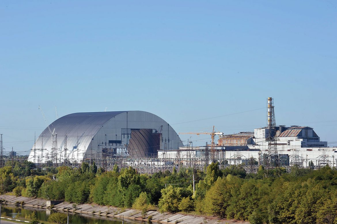 A view of the arch being constructed next to the Chornobyl nuclear power plant in a photo taken in September 2015.
