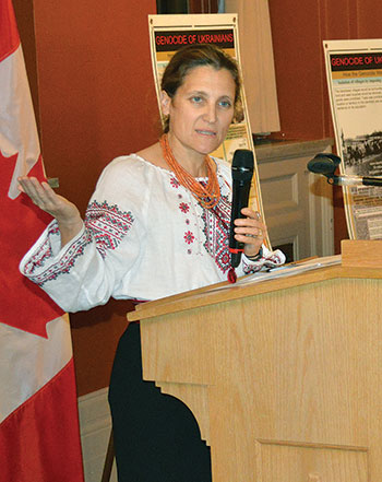 Minister of International Trade Chrystia Freeland speaks at the Holodomor commemoration in Canada’s Parliament.