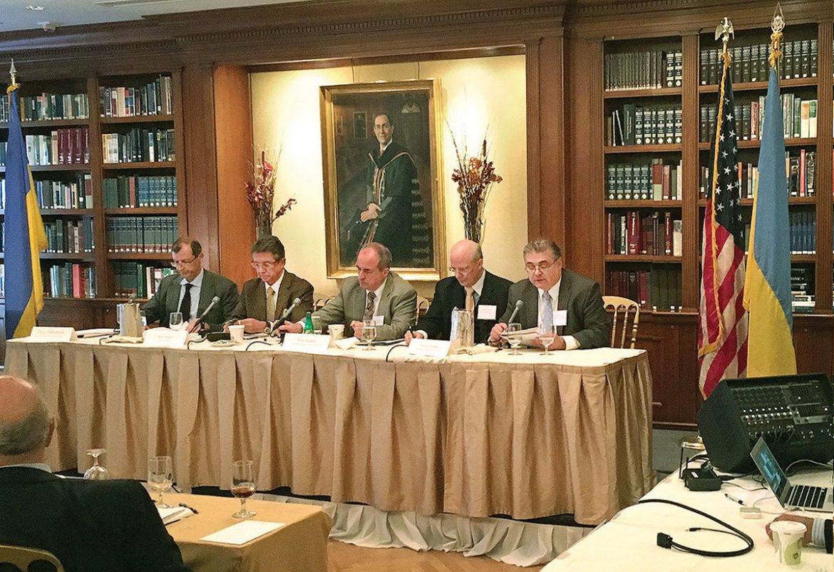 One of the panels at the symposium held on September 17 at the Princeton Club of New York to mark “The 25th Anniversary of the Modern Ukrainian State” was devoted to “Contemplating Ukraine’s Further Future.” Mykola Hryckowian (right) reads the prepared remarks of Paul Goble of the Jamestown Foundation; seated (from left) are moderator Serhii Meshcheriak (formerly of the Council of Economic Security and Defense of Ukraine), Yuriy Sergeyev of Yale University, Janusz Bugajski of the Center for European Policy Analysis and Herman Pirchner of the American Foreign Policy Council.