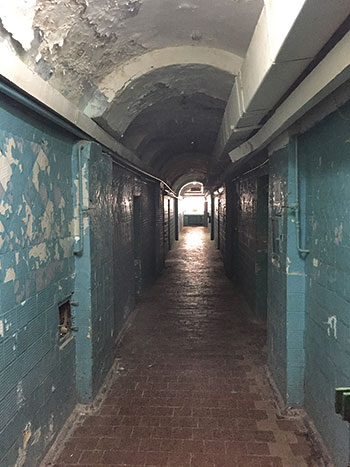 A hallway where inmates of the tsarist-era Lukyanivska Prison, built in 1863, are held in between their criminal court cases. 