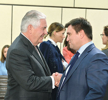 U.S. Secretary of State Rex W. Tillerson with Ukrainian Foreign Affairs Minister Pavlo Klimkin during the NATO-Ukraine Commission meeting on March 31 in Brussels.