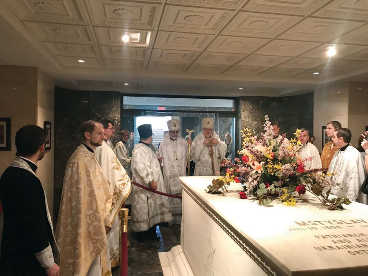 Metropolitan Antony (right) and Archbishop Daniel (left) lead a memorial service at the crypt of Patriarch Mstyslav located in Holy Resurrection Mausoleum, underneath St. Andrew Memorial Church. 