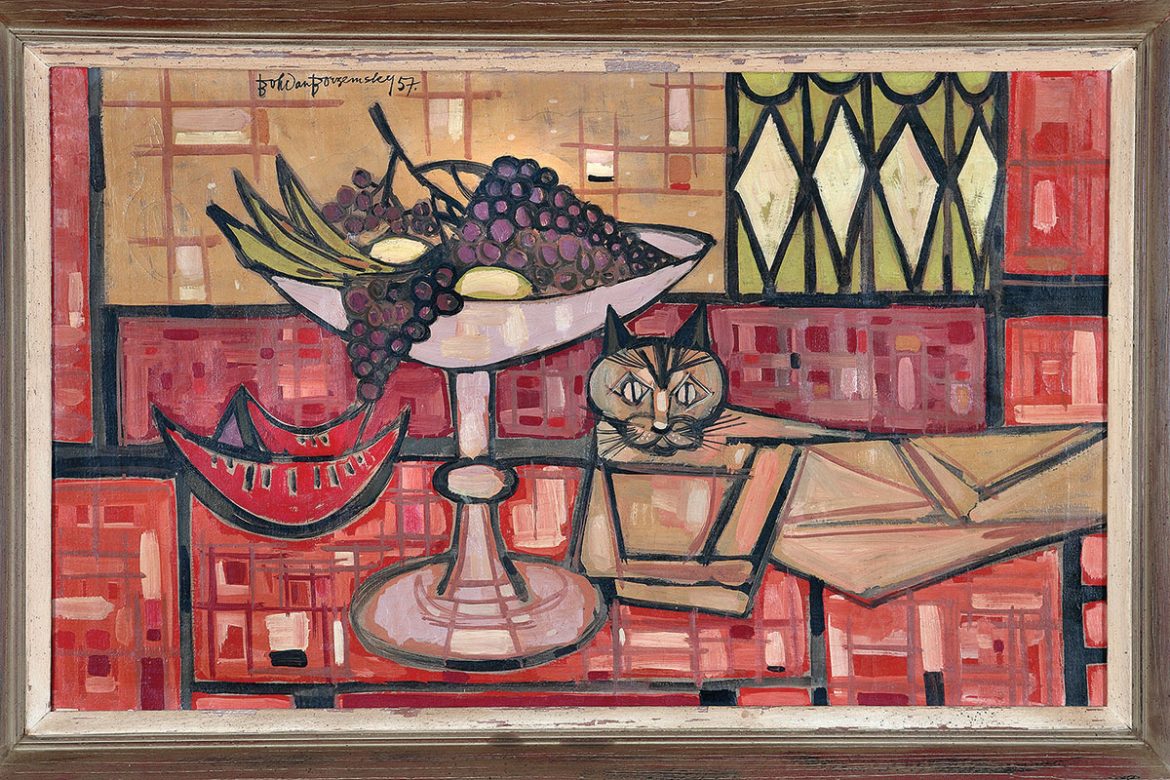 “Cat on a Table” (1957, oil on canvas, 30 x 36 inches, collection of Chryzanta Hentisz).