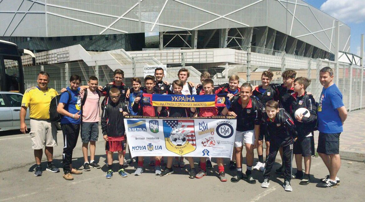 The U.S. team, joined by team manager Michael Tomaszewsky (left), at Arena Lviv for the team’s friendly match against the Karpaty Lviv Academy team.