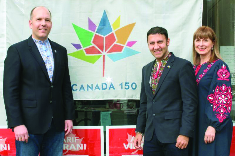 Ukrainian Canadian Congress President Paul Grod (left) with Arif Virani (center), parliamentary secretary to the minister of Canadian heritage responsible for multiculturalism, and Alexandra Chyczij, UCC first vice-president. On February 13 the UCC announced the launch of “Celebrating the Strength of Canada’s Diversity: Youth Engaging Youth” as part of its Canada 150 Project.